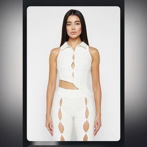 Asymmetric Shirred Mesh Top - Off White